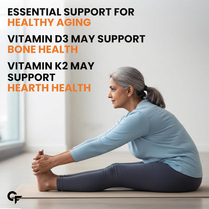 Woman sitting on a yoga mat with text about vitamin D3 and K2 for healthy aging.