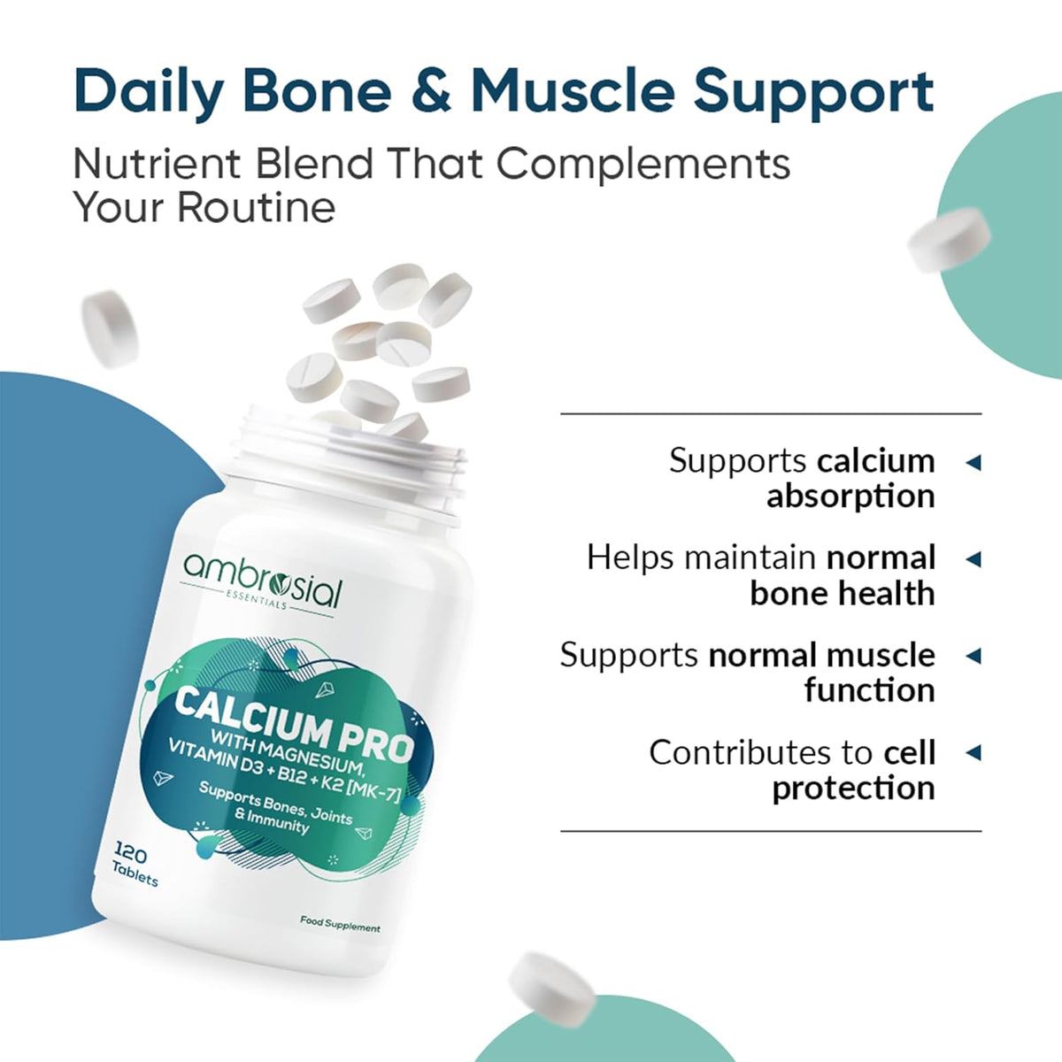 Ambrosial Calcium Pro supplement bottle with text about daily bone and muscle support on a white background.