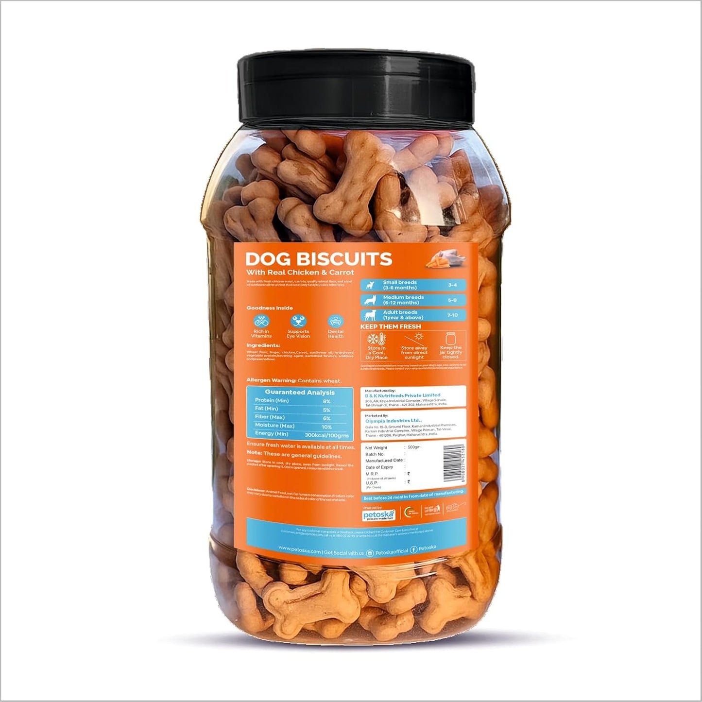Petoska Chicken & Carrot Dog Biscuits for Small, Medium & Large Breeds | 500g Jar| Real Chicken & Carrot Treats | Crunchy Dog Food Biscuits | High Protein, Slow-Baked, Fresh & Safe