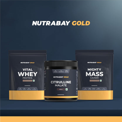 Nutrabay Gold protein powder packages on a dark blue background
