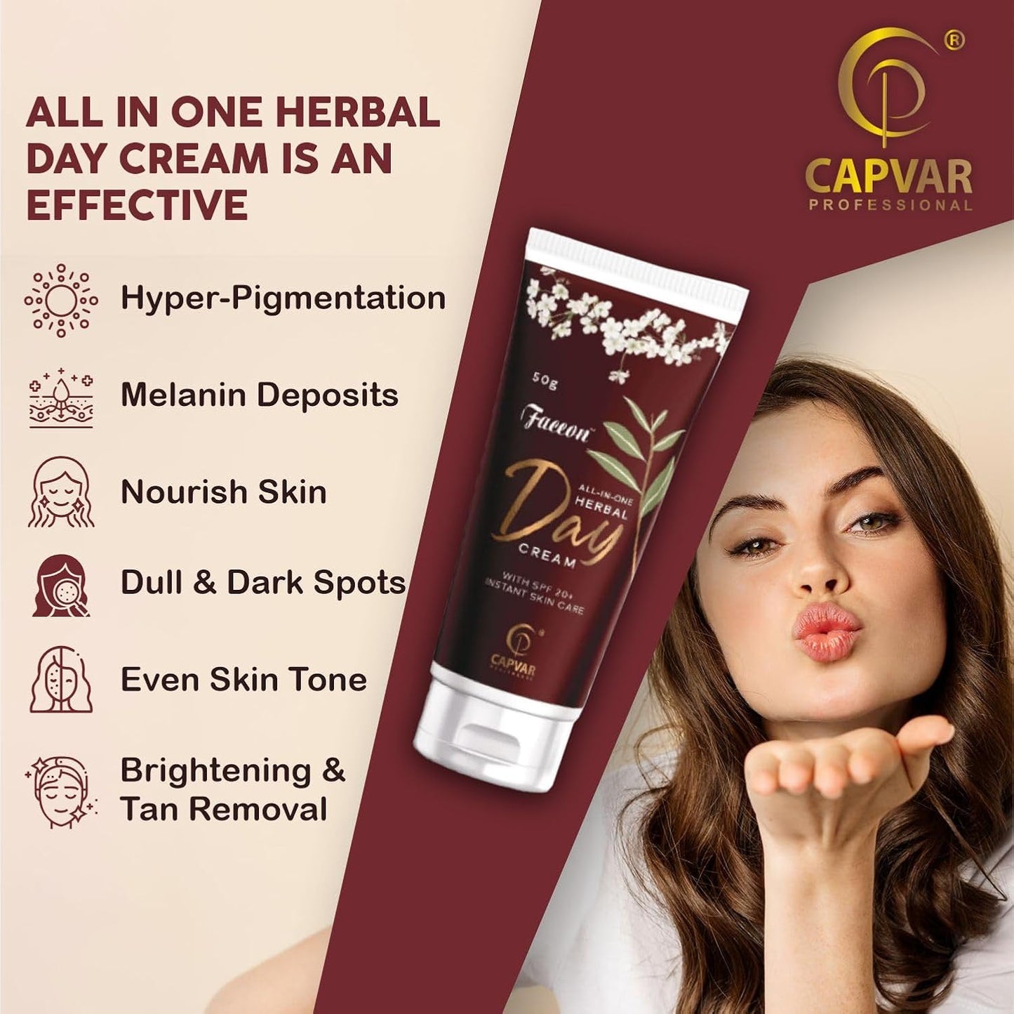 Faceon All In One Herbal Day Cream 50gm With SPF 20+ Instant Skin Care | Paraben and Sulphate Free | Normal, Oily, Dry and Combination Skin l