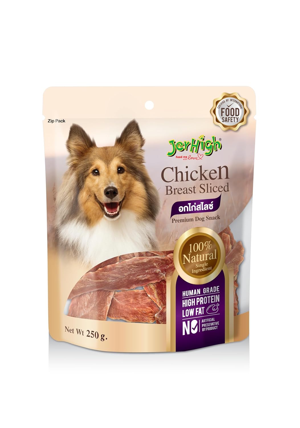 JerHigh KSY Jerky Dog Treats, Human Grade High Protein Chicken, Fully Digestible Healthy Snack & Training Treat, Chicken Breast Slice (1 x 250Gm) by DogsNCats,All Life Stages