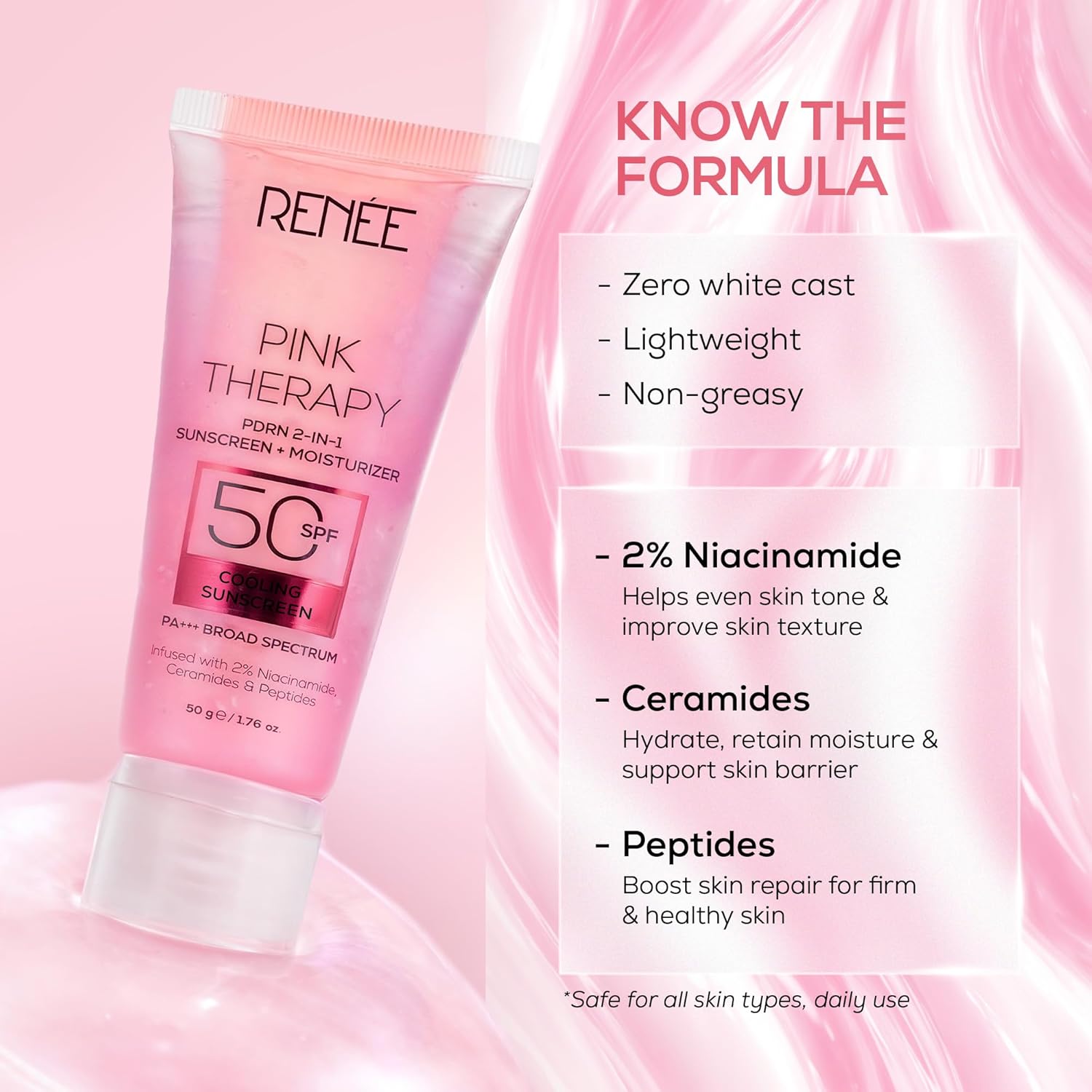 Pink skincare product with text detailing its formula on a pink background