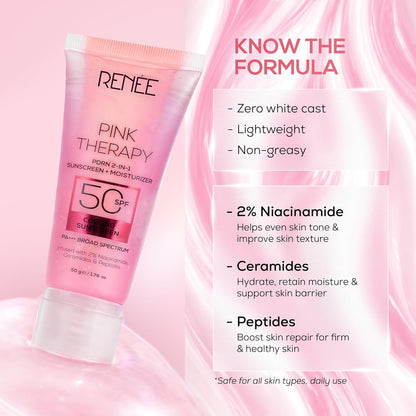 Pink skincare product with text detailing its formula on a pink background