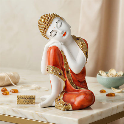 Buddha Idol Statue | Show Pieces for Home Decor Living Room (Orange White Glossy)