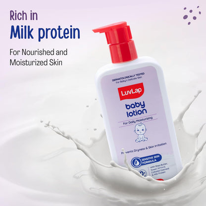 LuvLap Baby Lotion with Milk Protein - 400ml, Gentle Daily Lotion for Face & Body, 24 Hour Protection for Sensitive Skin, Ph 5.5, Shea Butter and VIT E, Paraben Free, Dermatologically Tested