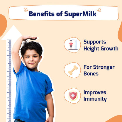 Gritzo SuperMilk Height+ (7-12y Boys), 10g Protein Powder (Double Chocolate, 400g) | Zero Refined Sugar, 21 Vitamins & Minerals