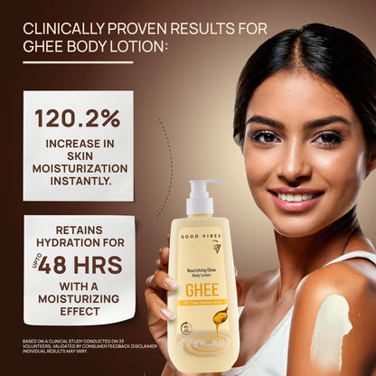 Good Vibes Nourishing Glow Ghee Body Lotion with Shata Dhauta Ghrita (100 Times Washed Ghee) | 48-Hour Hydration in a Single Use | Skin Barrier Repair | Lightweight, Non-Greasy Formula | Suitable for All Skin Types (400 ml)