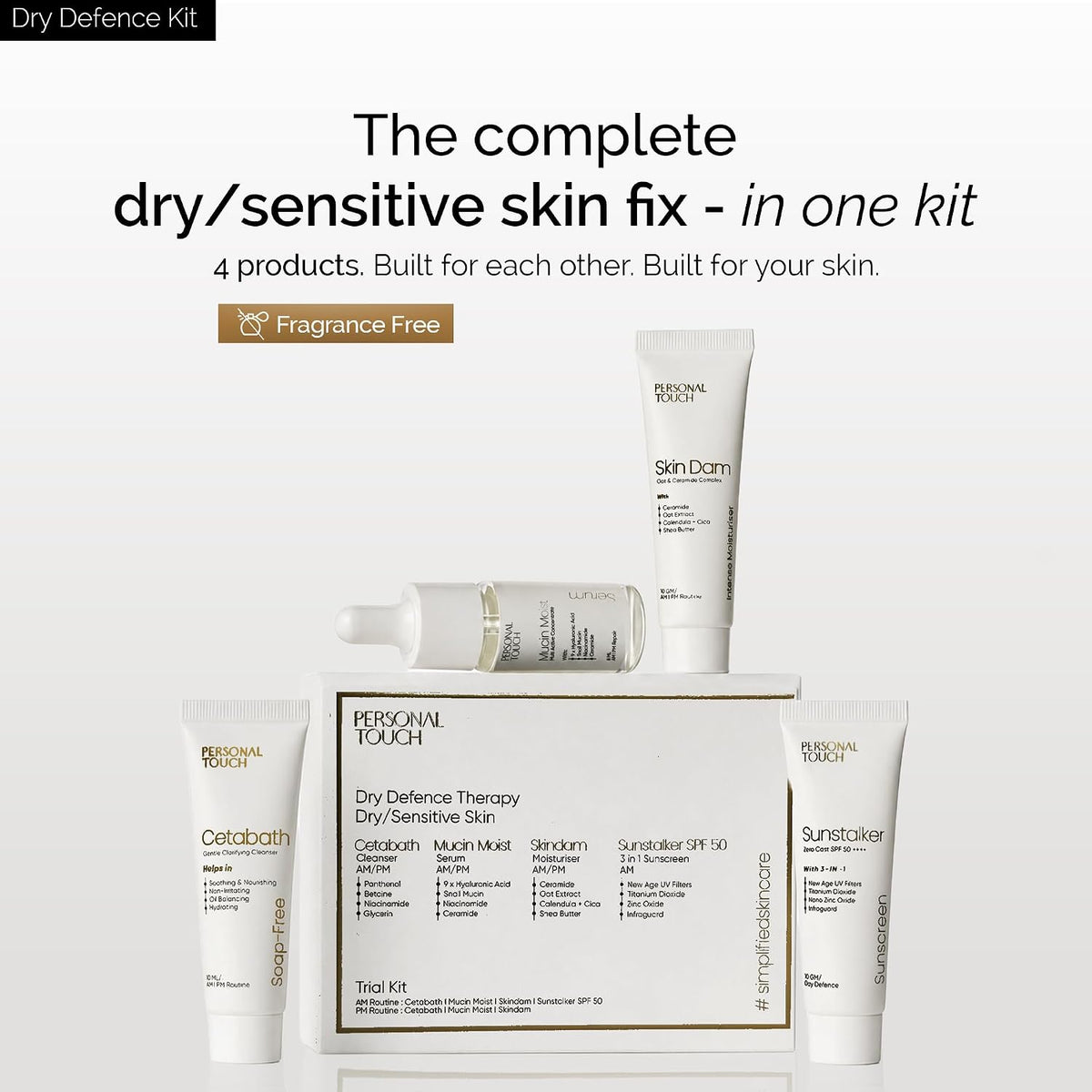 Personal Touch Complete Trial Kit – Dry Defence Therapy for Dry & Sensitive Skin | Cetabath Face Cleanser, Snail Mucin Serum, Skindam Barrier Repair Moisturizer & SPF 50 Sunscreen