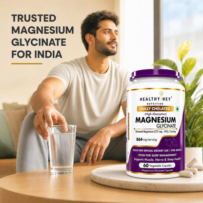 HealthyHey Nutrition Magnesium Glycinate 14% Fully Chelated Supplement High Absorption for Sleep, Cramps, & Nerves Health - 60 Vegetable Capsules