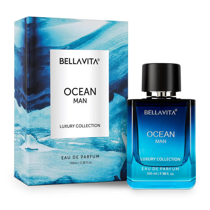 Bellavita Ocean Man perfume bottle and packaging on a white background