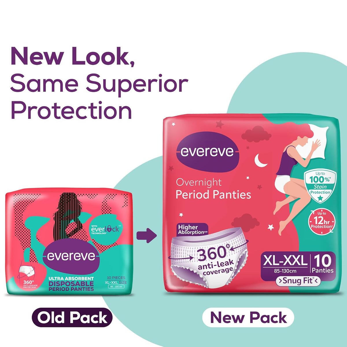 Comparison of old and new packaging of Evereve overnight period panties on a white background.