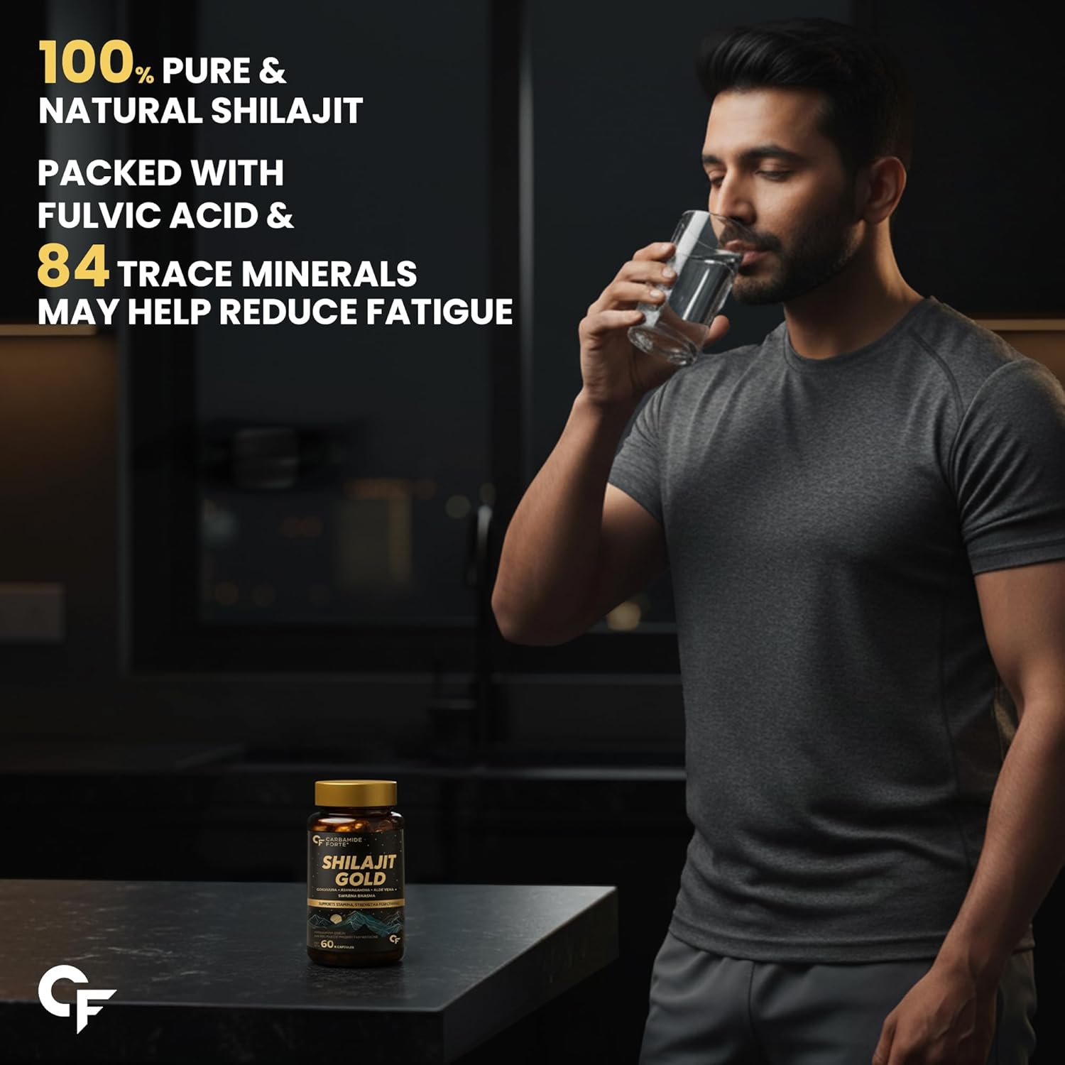 Man drinking from a glass with Shilajit Gold product on a table, text about Shilajit benefits.
