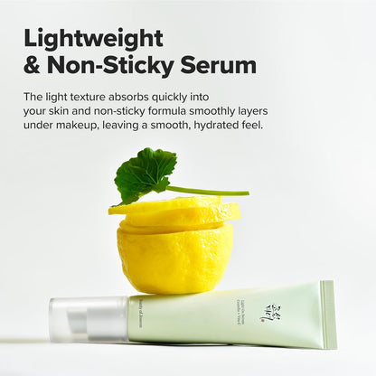 Skincare product with text about lightweight and non-sticky serum