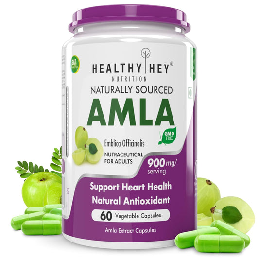 Container of Healthy Hey Nutrition Amla supplement with green amla fruits on a white background