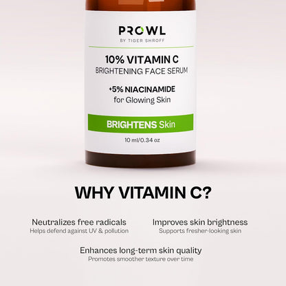 PROWL by Tiger Shroff 10% Vitamin C Serum for Daily Glowing Skin | Reduces Dark Spots & Evens Skin Tone for Men | Face Brightening Serums for All Sensitive Dry Oily Combination Skin Care | 10ml