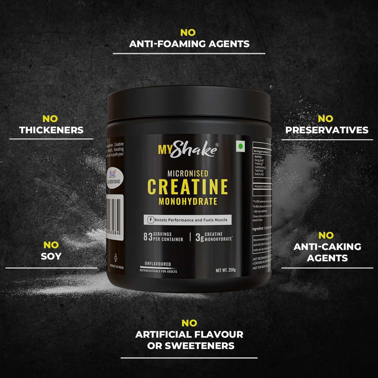 MyShake Micronised Creatine Powder - 250gm (83 Servings) | 3g Creatine Monohydrate Per Serve | Rapid Absorption, Boost Strength & Fuels Muscle | Supports Athletic Performance & Power