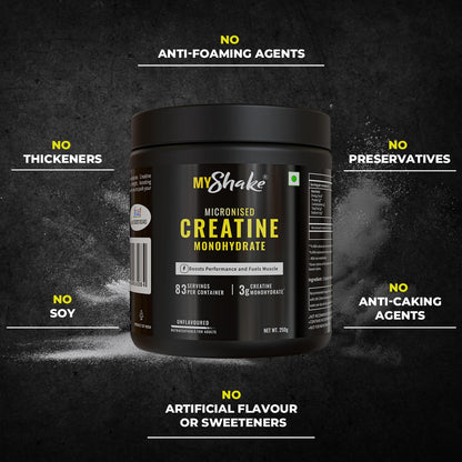 MyShake Micronised Creatine Powder - 250gm (83 Servings) | 3g Creatine Monohydrate Per Serve | Rapid Absorption, Boost Strength & Fuels Muscle | Supports Athletic Performance & Power