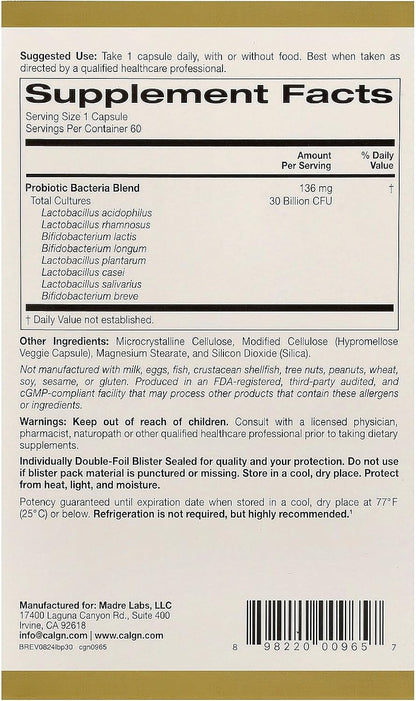 Supplement label with 'Probiotic Bacteria Blend' details on a gold background