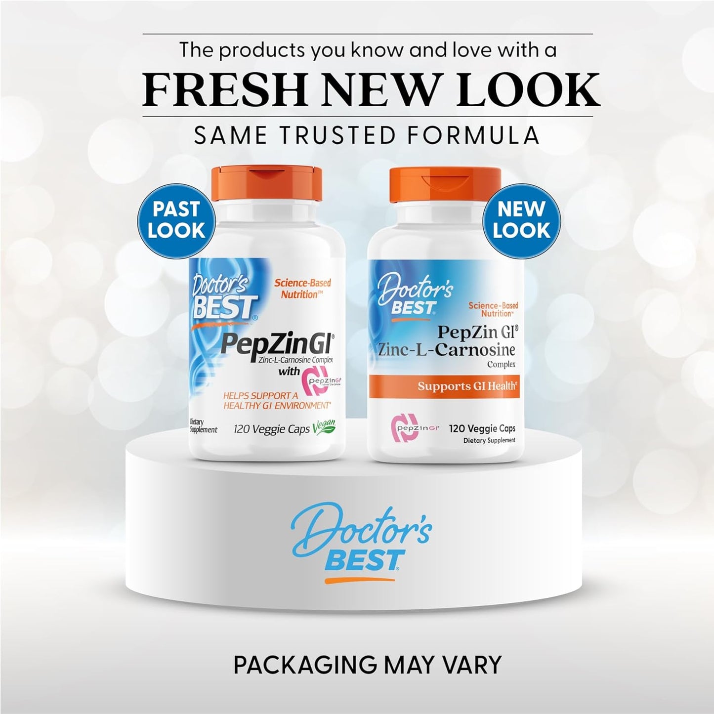 Two bottles of Doctor's Best supplements on a white platform with text about a fresh new look.