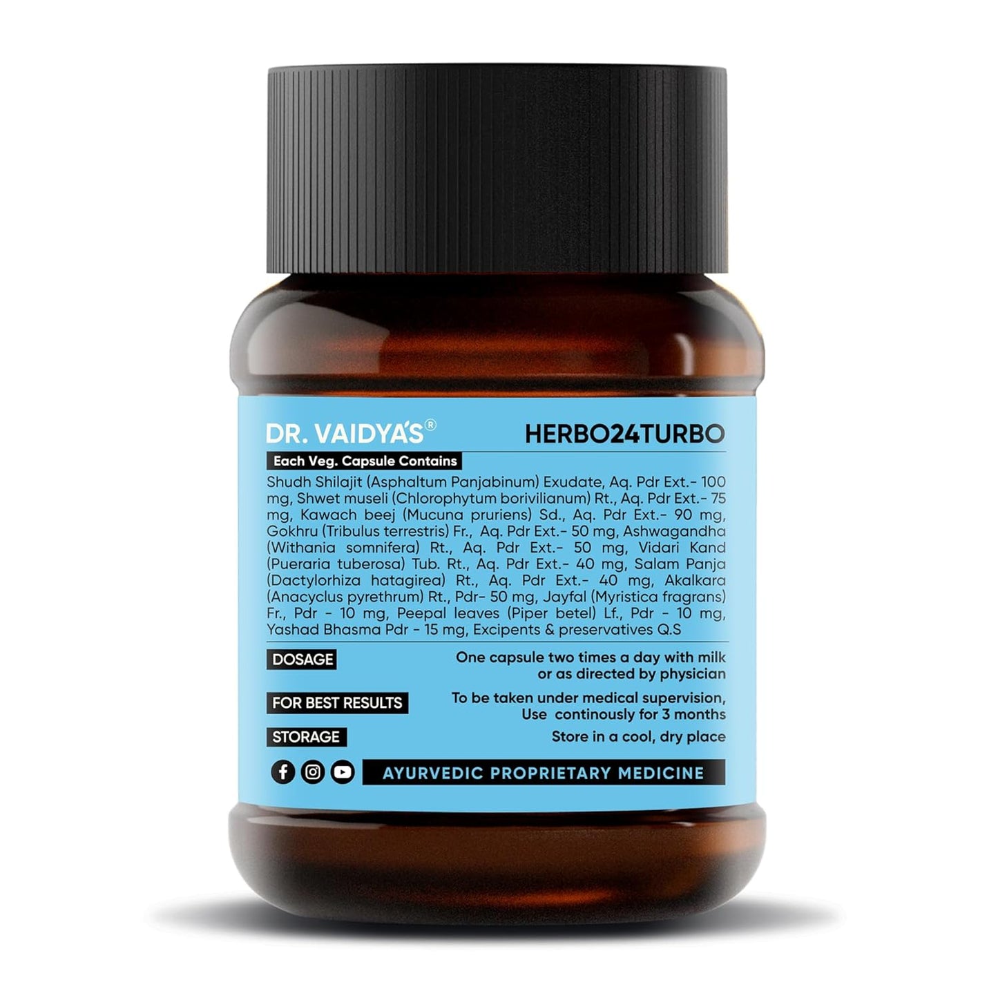 Dr. Vaidya’s Herbo24Turbo Capsules | Supports Vitality | For Strength, Stamina & Power | Shuddha Shilajit, Safed Musli | Sugar Free | Pure Ayurvedic Extracts | 30 capsules