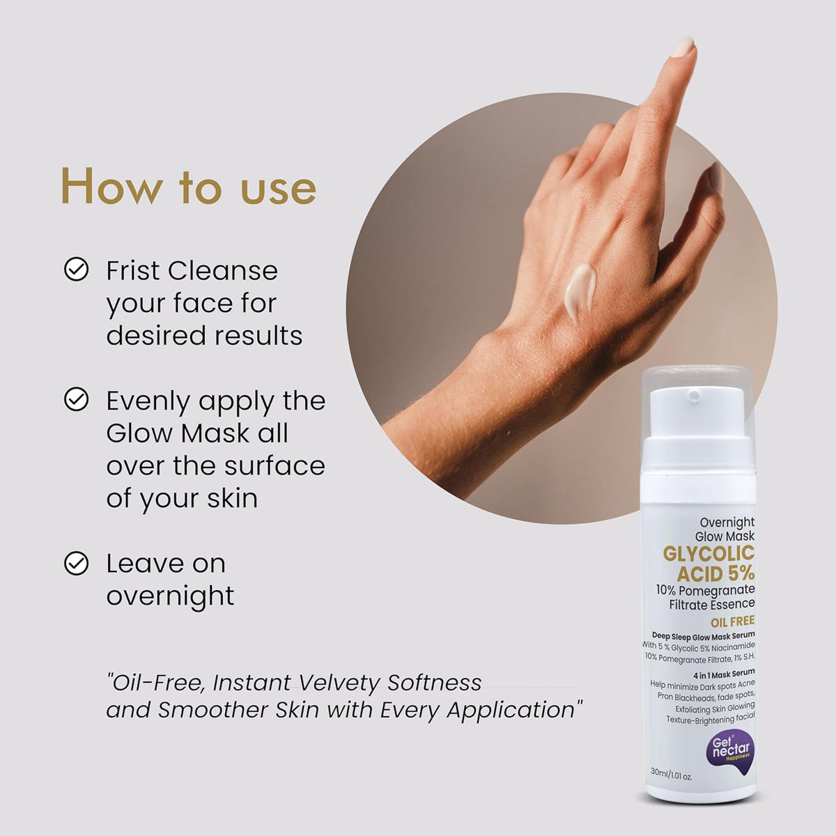 Glycolic Acid Glow Mask bottle with usage instructions on a light gray background