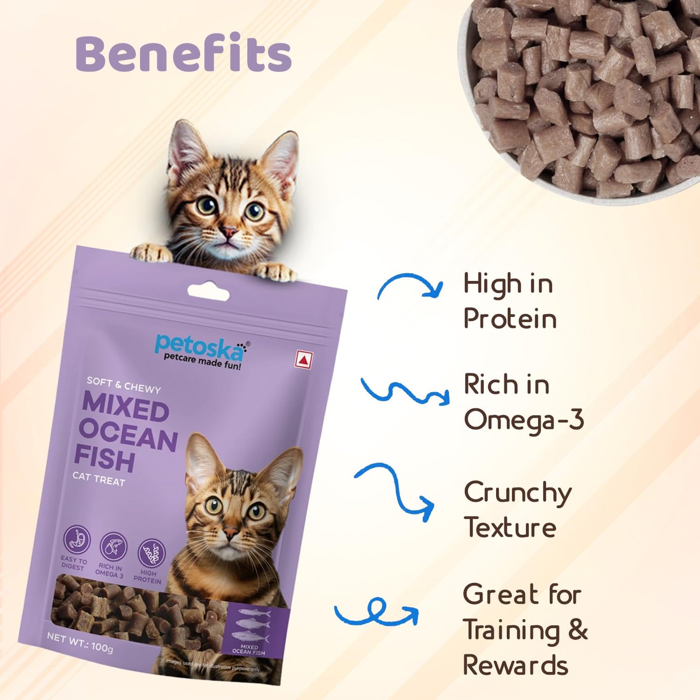 Petoska Mixed Ocean Fish Cat Treats – 100g | Air-Dried Sardine, Mackerel & Anchovy Bites with Taurine & Omega-3 | Chewy | High-Protein Digestion & Reproductive Support| Kittens & Adult Cats
