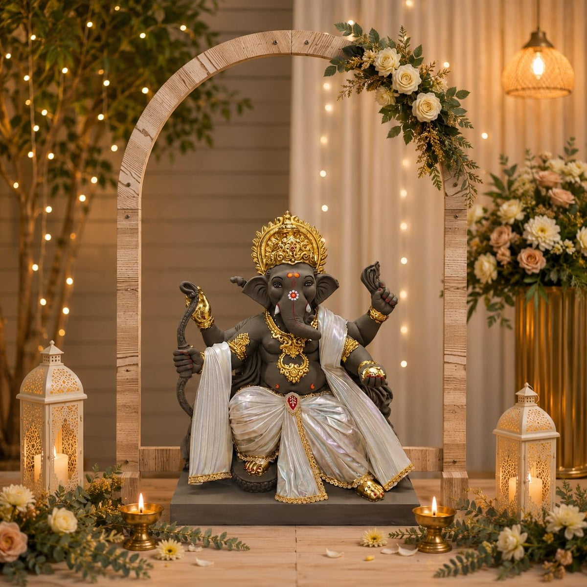 SATYAM KRAFT 1 Piece Foldable Arch Shape Wooden Makhar Mandap | Wooden Pooja Backdrop Stand for DIY Pandal & Temple | Festival Decoration Setup for Ganesh Chaturthi, Janmashtami & Idol Pooja Decor