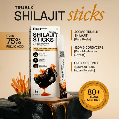 Ace Blend 400mg TRUBLK Shilajit Sticks (5 Servings) | 120mg Cordyceps Mushroom & Organic Honey | Over 75% Fulvic Acid & 80+ Trace Minerals | For Strength & Performance | High Absorption | Men & Women