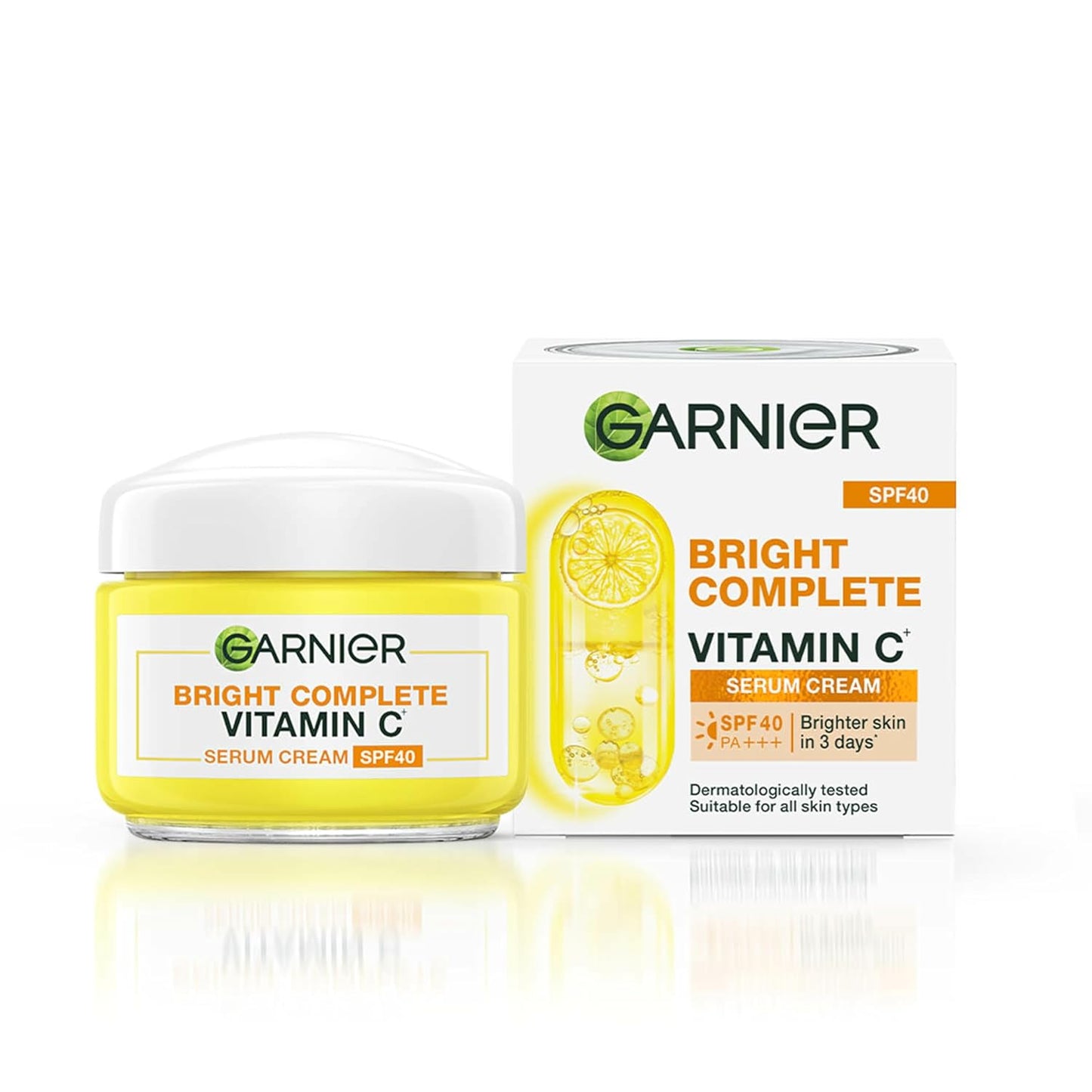 Garnier Bright Complete Vitamin C serum cream jar and packaging on a white background