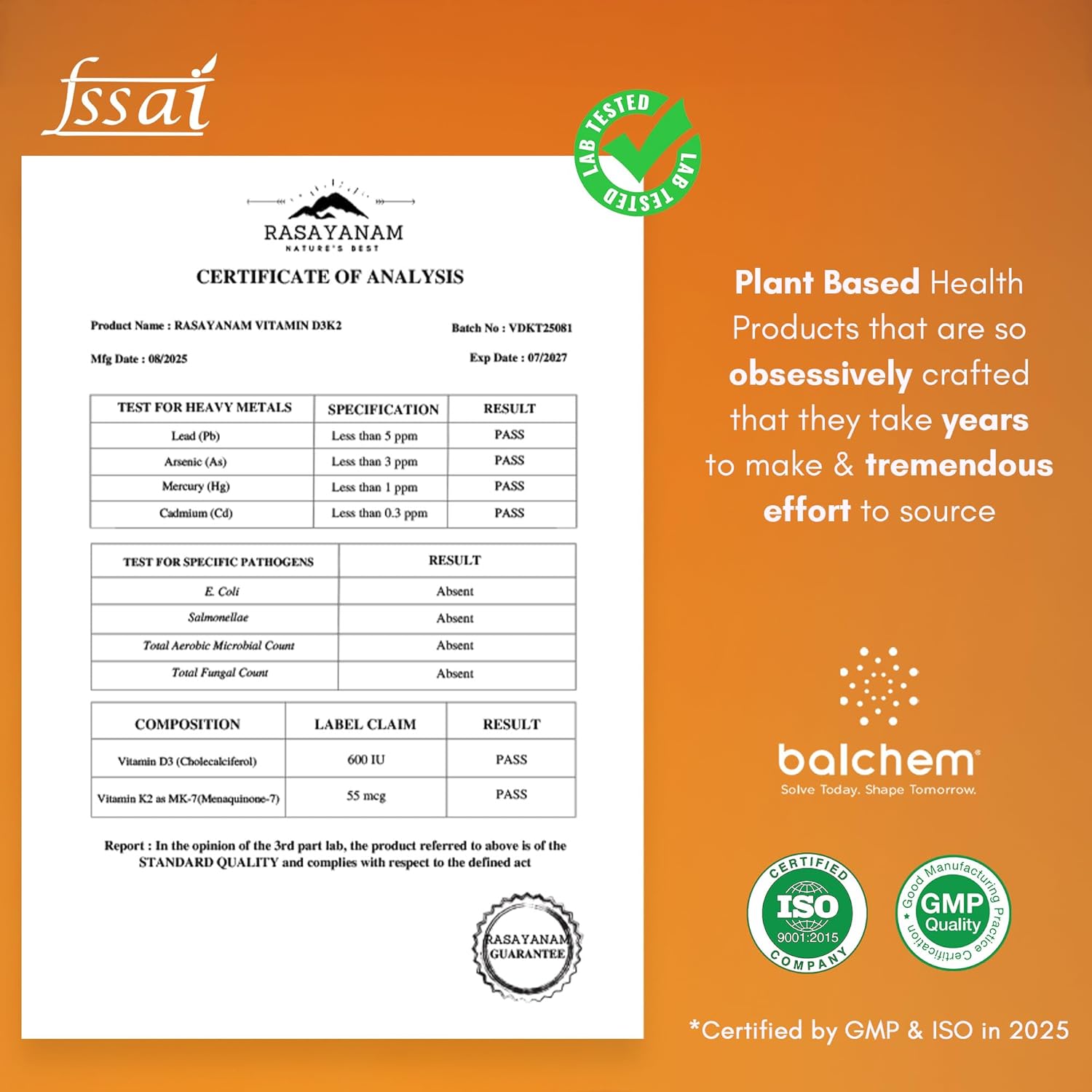 Certificate of Analysis for Rasayanam product with Balchem branding and certification logos on an orange background