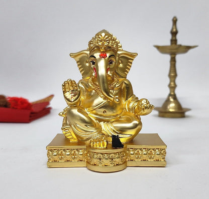 Gold Art India Gold Plated with Gold Matte Gaddi Ganesh Idol for Home Decor Ganesha Murti Ganpati Idol for Office Desk Puja Lord Ganesh Statue for Gifting Ganpati Idol for Mandir Pooja Room Figurine