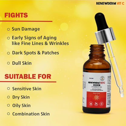 RENEWDERM Vit C Serum Skin Brightening Antioxidant with Vitamin C 10% | Reduces Dark Spots I For Glowing Skin | With Vitamin-C, Aloe Vera & Mulberry Extract, 30ml