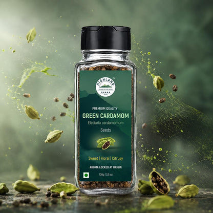 HIGHLAND Spices | Premium Green Cardamom (Elaichi) Seeds | 50g | 100% Natural, Fresh & Pure | Aroma-Locked at Origin | No Added Colours or Preservatives | Natural Mouth Freshener | Choti Ilachi Dana for Gourmet Cooking & Wellness | 50g