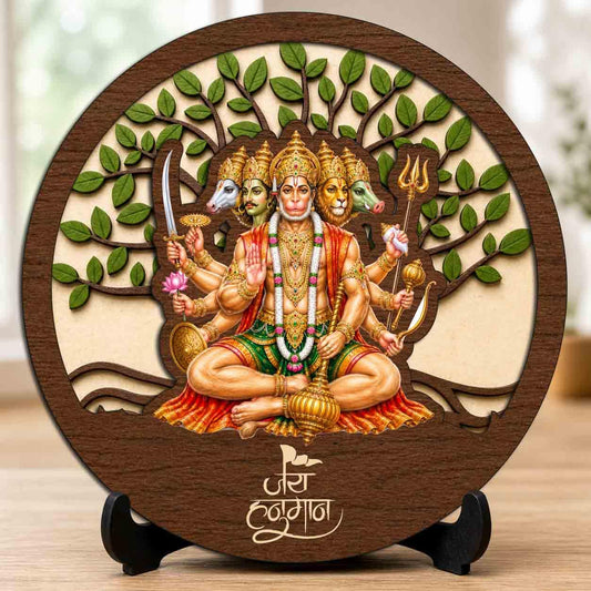 Plan To Gift Panchmukhi Hanuman Ji Round Wooden Devotional Idol with Stand for Puja Room, Home Decor & Religious Gift - 5x5 Inch