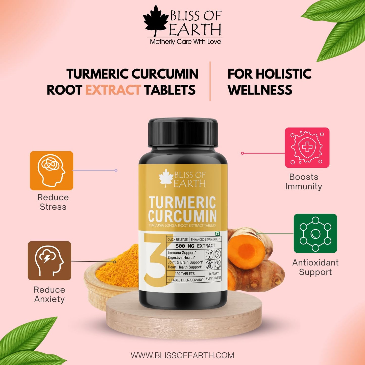 Bliss of Earth Turmeric Curcumin Tablets, 95% Curcuminoids, 500 mg Extract (Equivalent to 3700 mg Root Powder) High Potency, Quick Release & Enhanced Bioavailability., 60 Tablets