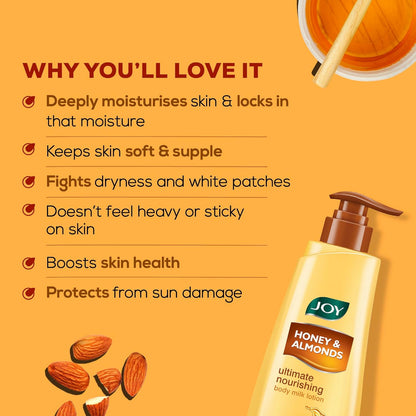 Joy Honey & Almonds Ultimate Nourishing Body Milk Winter Lotion 600ml | With Shea Butter & Vitamin E | Long Lasting Moisture | Prevents Dryness & Provides Intense Moisturization for Dry Skin