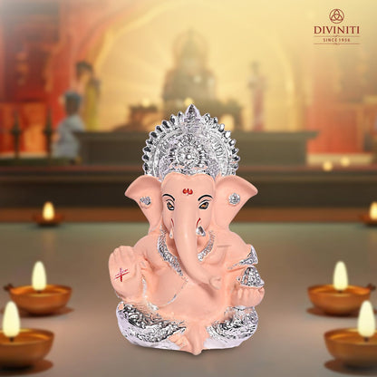 999 Silver Plated Ganesha Idol for Home Decor Puja |God Ganesh Idol for Office Desk and Puja Room |Ganpati for Gift Home Office Table Shelves Gifting 3.5 inches (8.89 x 5.08 cm) (Peach)