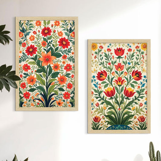 Flowers Art Paintings with Frame for Home Decor, Floral Wall Painting for Living Room, Multicolor, Natural Wood Color Frames, Set of 2