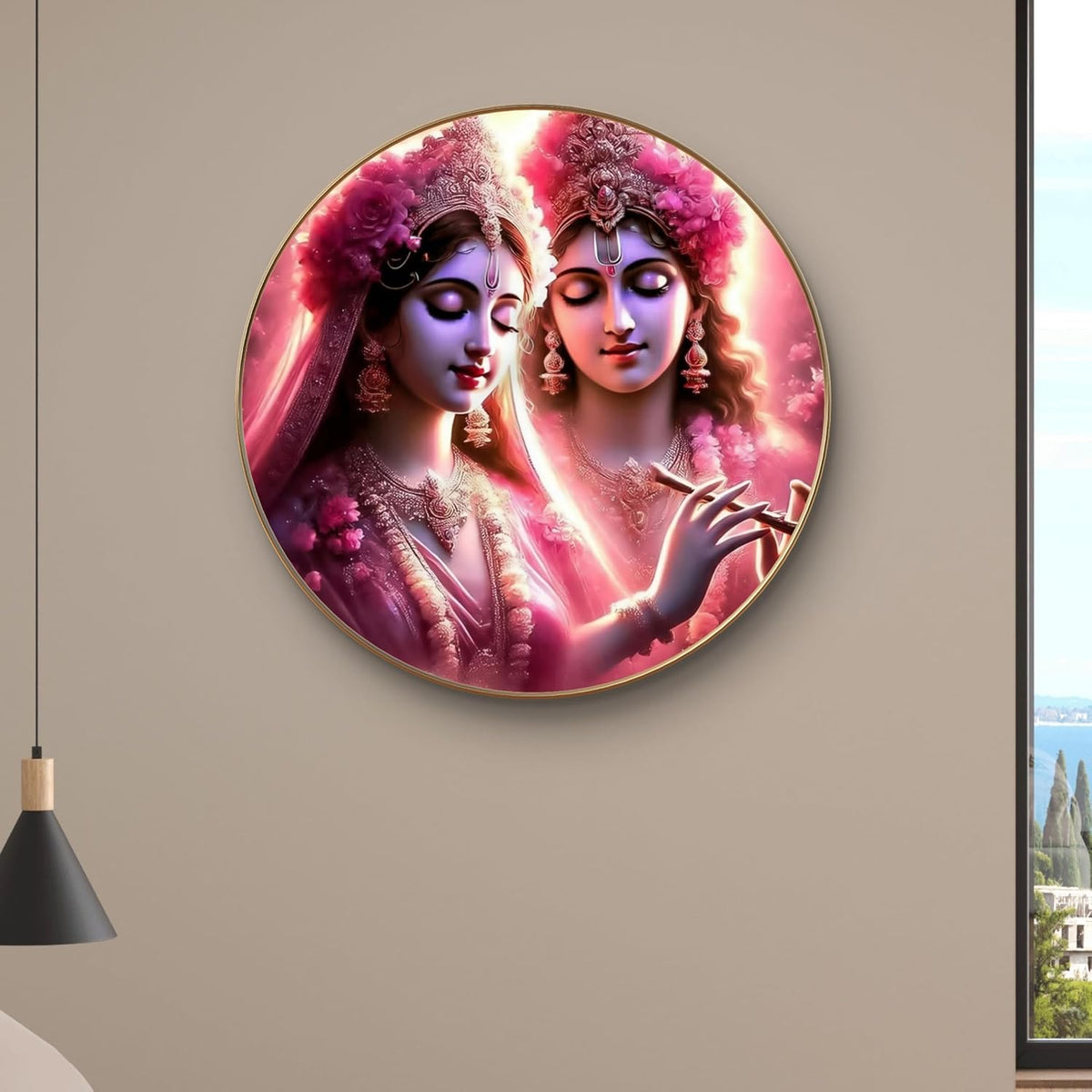 Radha Krishna Round Art Print with Golden Frame | Pink Floral Divine Flute HD Art Print for Living Room Pooja Home Décor 16 Inch x 16 Inch