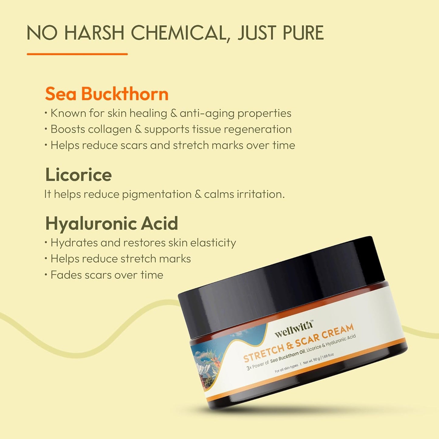 Wellwith Stretch & Scar Cream with Seabuckthorn Oil, Licorice & Hyaluronic Acid, 50g