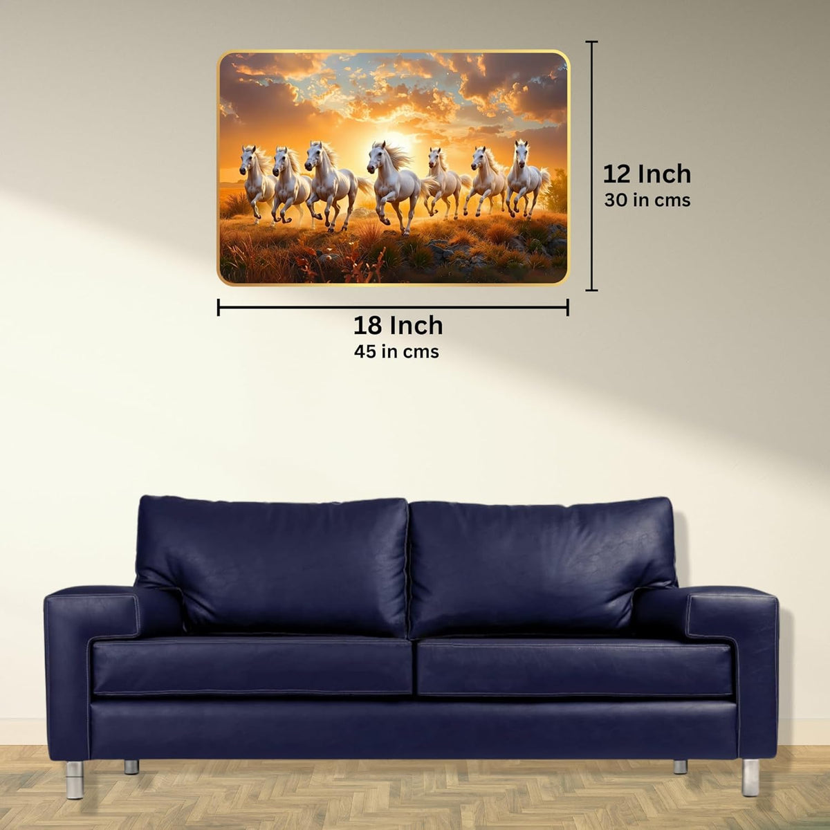 7 Running Horses MDF Wall Art 12x18 Inch | Golden Border Vastu Painting for Home & Office Décor | Modern Elegant Wall Hanging Frame for Living Room, Bedroom (Design 1)