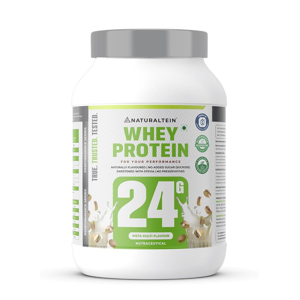 Protein powder container with 'Naturalstein' branding on a white background