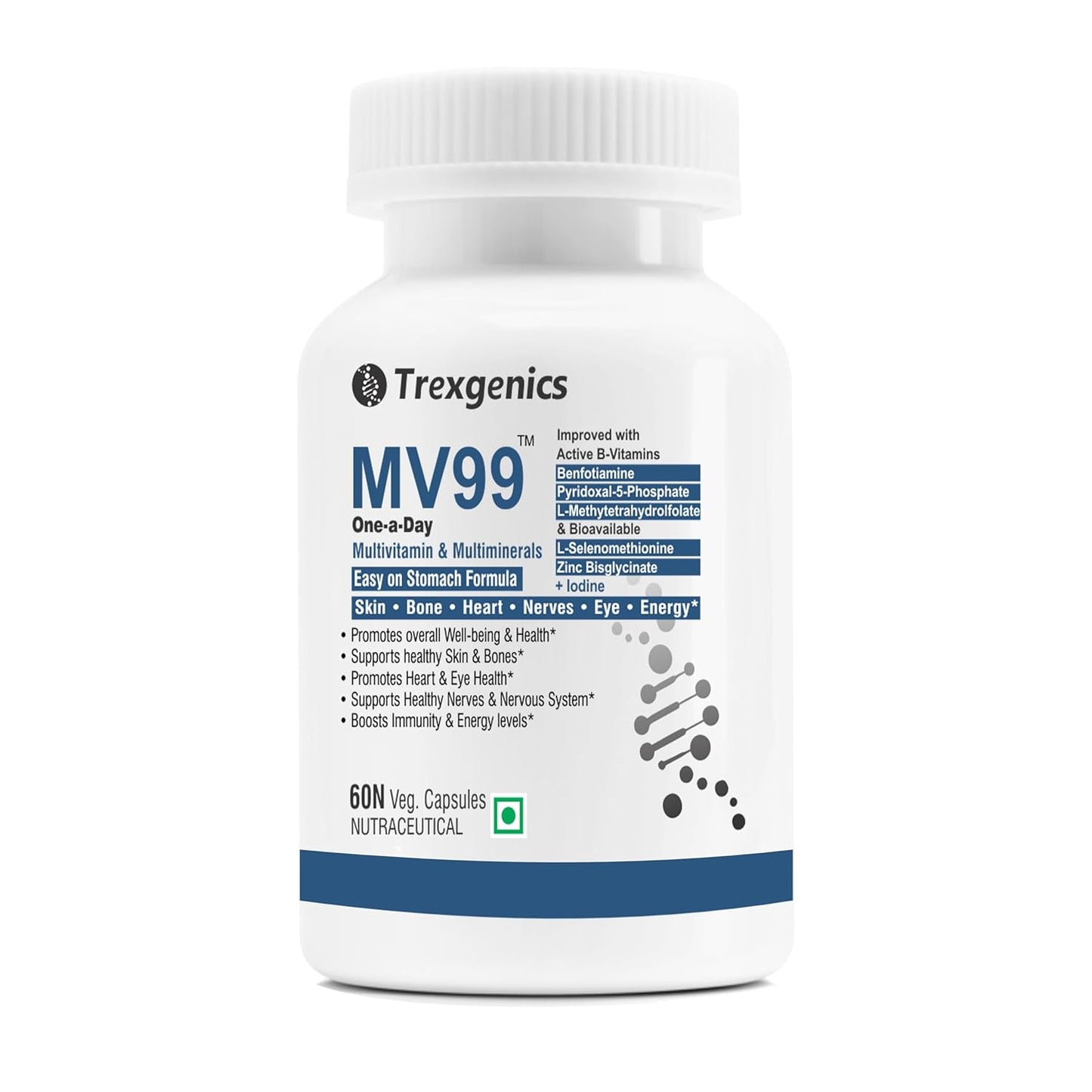 Trexgenics MV99 Multivitamin One-a-day Easy On Stomach - Complete Daily All you need with Multiminerals & Micronutrients for Men & Women (60 Veg. Capsules) (1)