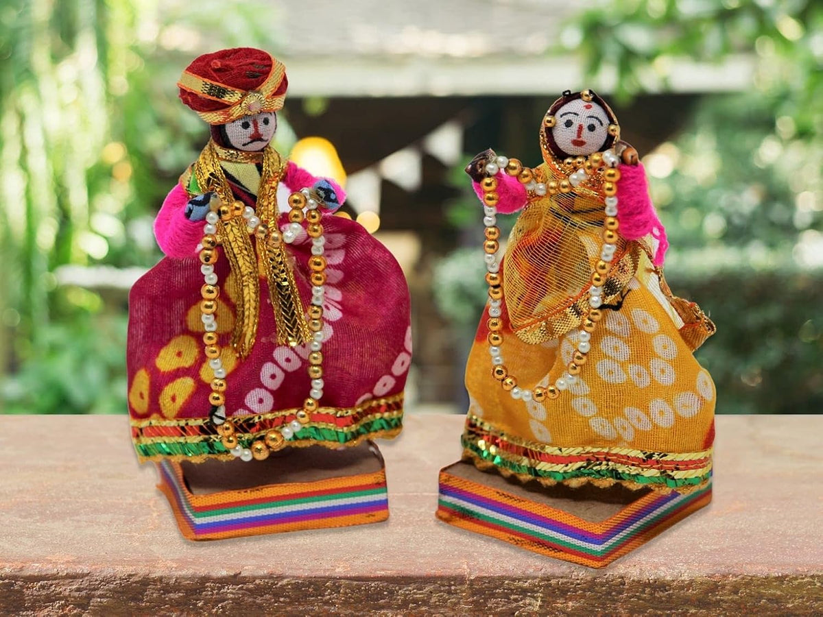 JH Gallery Handmade Recycled Rajasthani Dulha Dulhan Figurines for Home Decoration, Gifting Idol, Home Furnishing, Decorative Items for Living Room - Multicolour 11 x 11 cm (Doll Dulha Dulhan)