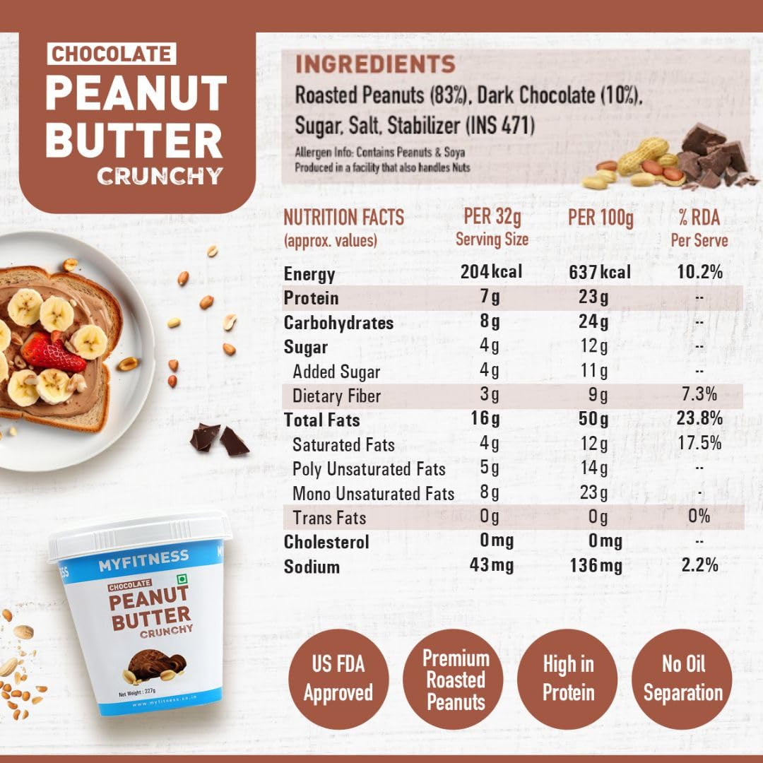 MYFITNESS Peanut Butter Chocolate Spread Crunchy | 23g Protein & 9g Fiber | Healthier Nut Butter Spread for Breakfast, Snacks & Bread Treats | Cholesterol Free | Zero Trans Fat