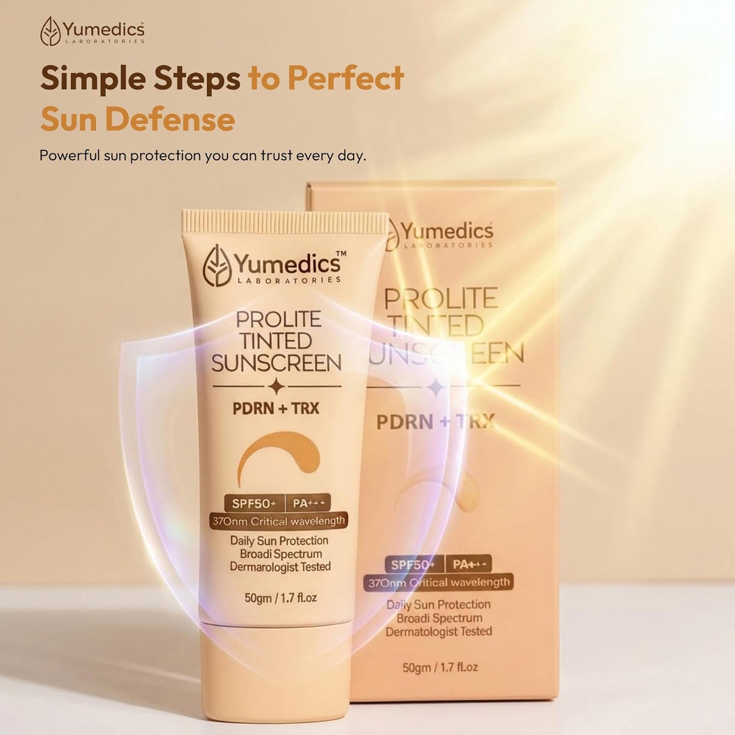 Yumedics Prolite Tinted Sunscreen SPF50+++ | 50 Gm | Sunscreen SPF 50 for Oily Skin & Dry skin | High-level UVA & UVB Protection for Daily Sun Defense