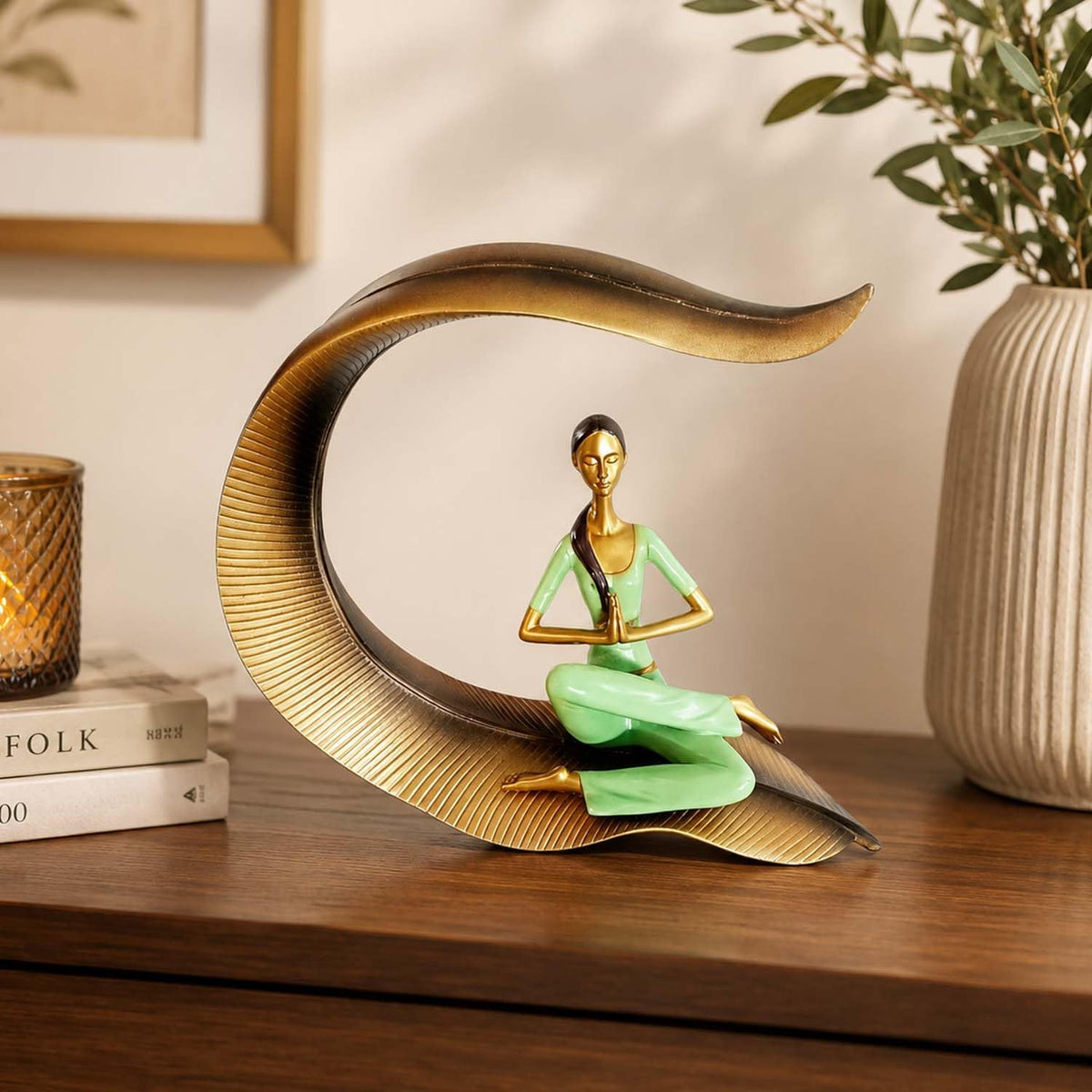 Yoga Lady Statue Polyresin Meditating Woman Figurine for Home & Office Décor 22Cm | Elegant Yoga Showpiece | Zen Décor | Namaste Meditation Idol | Decorative Woman Statue (Green)