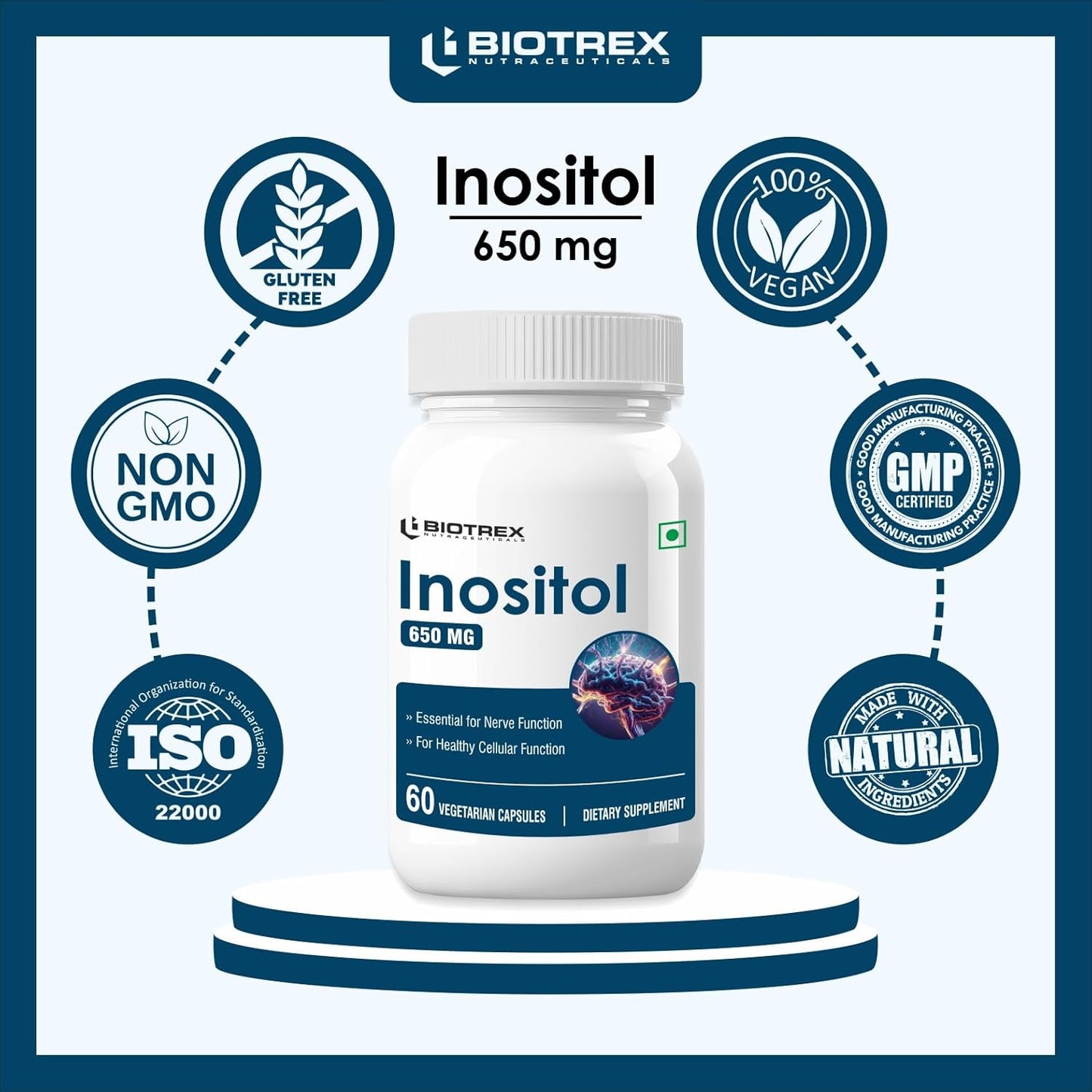 Biotrex Nutraceuticals Inositol 650mg, Essential for nerve function - 60 Capsules