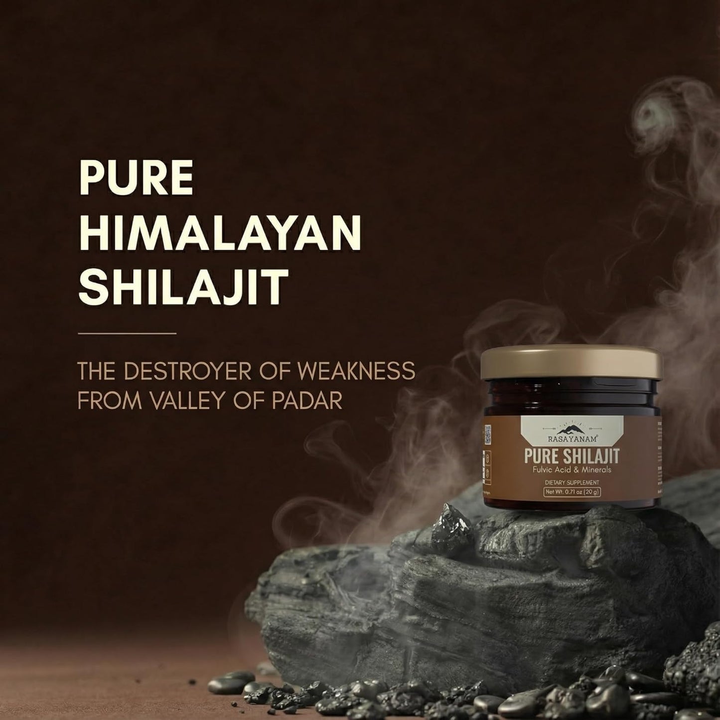Jar of Pure Himalayan Shilajit on a rock with smoke effect against a dark background